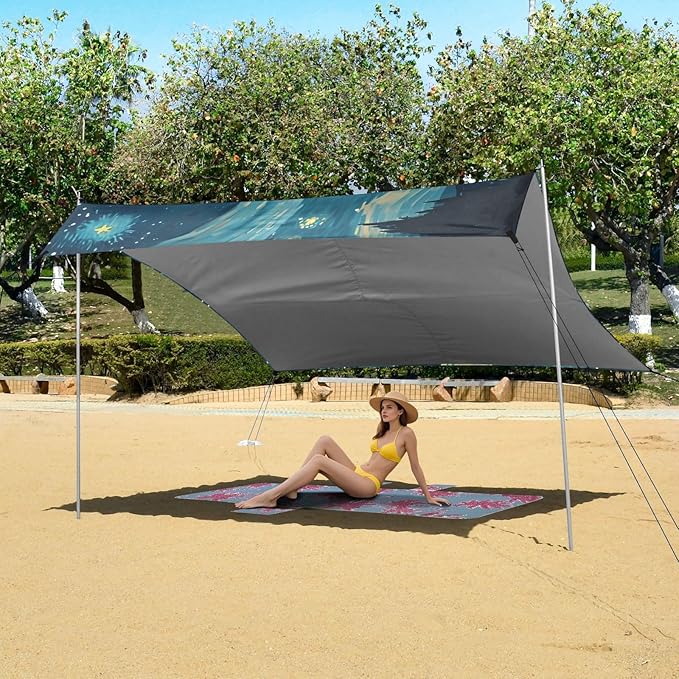 ALAZA Astronaut Starry Night Sky Beach Tent Sun Shelter UPF50+ Protection Beach Shade Canopy w/ 4 Sandbags for Outdoor Camping Fishing Backyard Fun Picnic 10x9 ft