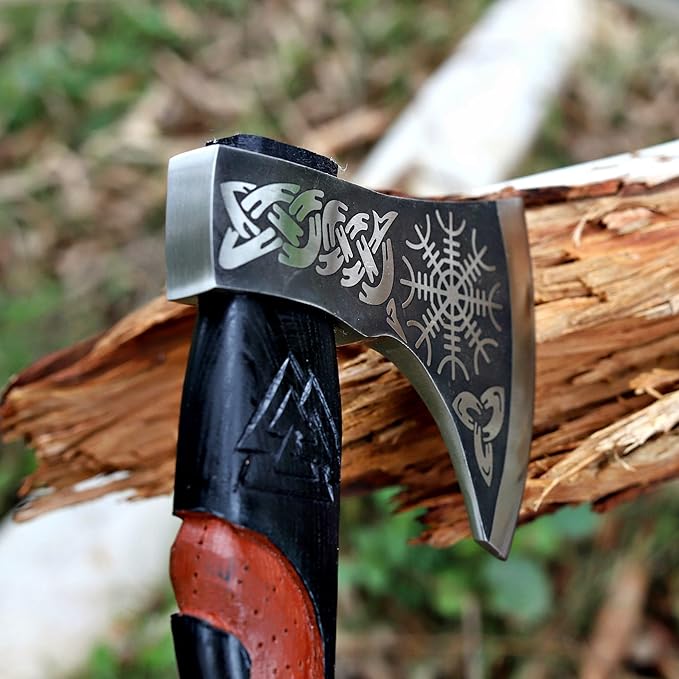 Viking Axe | 17 Carbon Steel Throwing Hatchet with Ash Wood Handle &amp Leather Sheath | Etched Norse Design Functional &amp Collectible Gift (WCA-01)