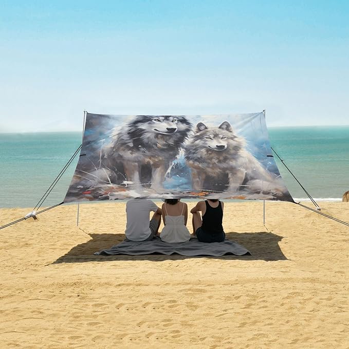 ALAZA Snow Two Wolf Huge Beach Tent Sun Shelter Portable Canopy Sunshade for Outdoor Camping Picnics Backyard Fun 10x9 ft