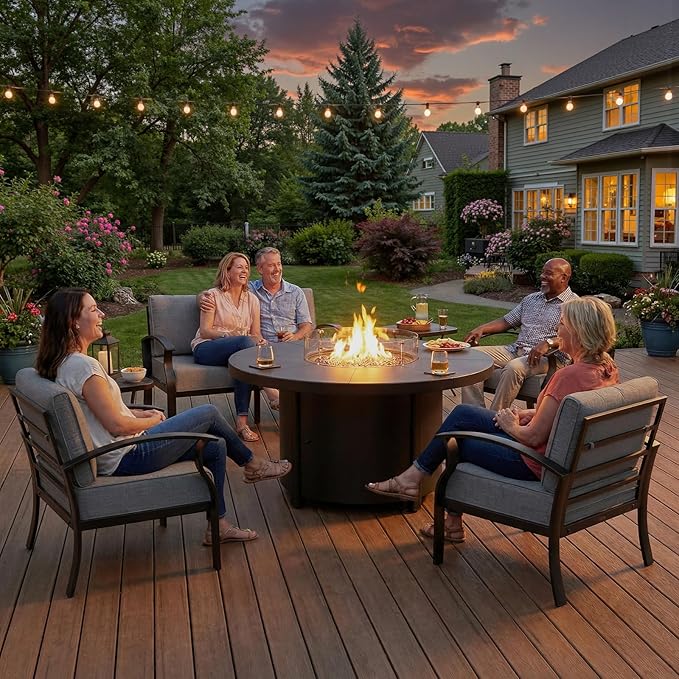 Kurapika Propane Round Fire Pit Table 48in 40000 BTU Auto-Ignition Round Gas Fire Pits CSA Certification Wider Desktop Round Fire Tables with Windshield White Stone and Lid for Outside Patio