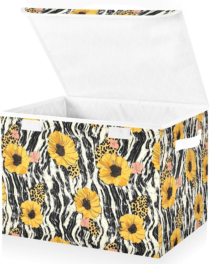 Storage Cube with Lid Leopard Sunflower Print 16.5×12.6×11.8 IN 1 Pack Collapsible Large Capacity Foldable Storage Basket Bin Organizer