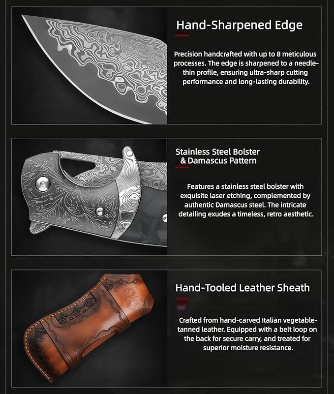 Knives Outdoor Gear Knives 67-Layer Damascus Steel Folding Knife HRC 60 Hand-Carved Vegetable-Tanned Leather Sheath Carbon Fiber Handle Folding Knife Gift Ideas for Men