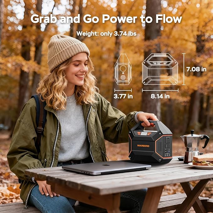 MARBERO Portable Power Station 155Wh Portable Charger 100W Power Station with 6 Outputs 2x 110V AC Outlet LED Flashlight for Home Blackout Camping RV Travel Ultra-Light &amp Silent Fan UL Certifie