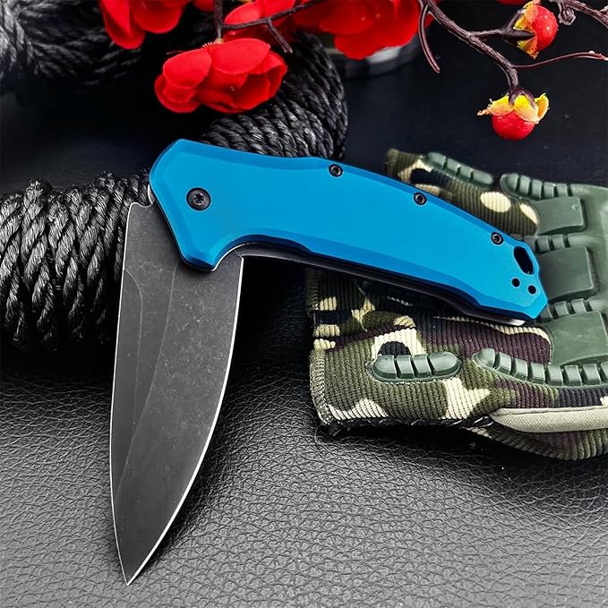 Outdoor Assisted Flipper Folding Pocket Knife 3.23 8Cr13Mov Steel Blade Blue Aluminum Handle EDC Knife for Camping Hiking Fishing Gift