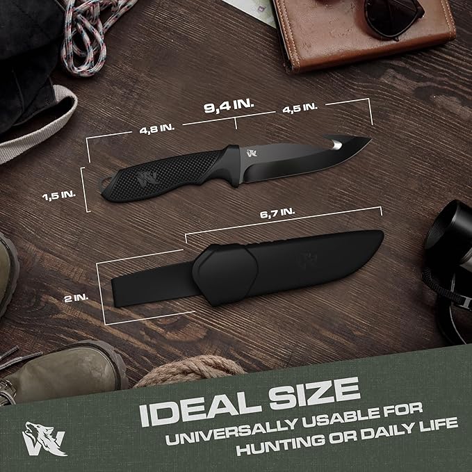 ODENWOLF HUNTER 2 - Tactical Hunting Knife with Gut Hook - Deer SkinningKnife for Hunting - Knife Fixed Blade with Sheath - Field Dressing Knive with Gutting Hook - Survival Knife with Sheath