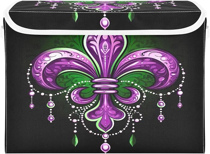 Storage Baskets with Lids Collapsible Bins Stackable Mardi Gras Fabric Linen Baskets Closet Organizer Container 16.5x12.6x11.8