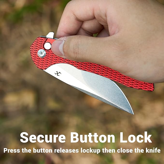 KANSEPT Accipiter Pocket Knife 3.53 Stonewashed 14C28N Blade Red Anodized Aluminum Handle Flipper Open &amp Button Lock with Deep Clip EDC Folding Knives for Camping Hunting Survival T1007F3