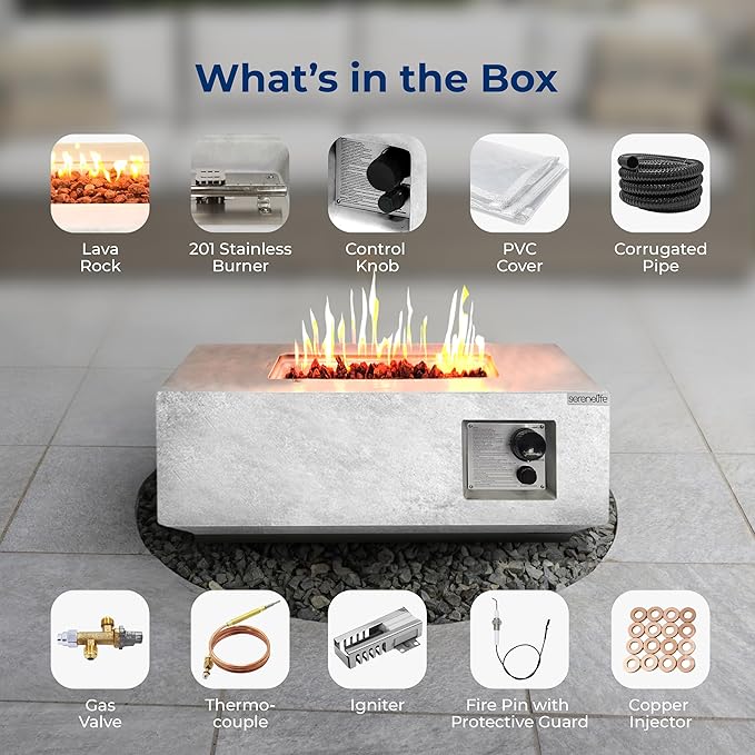 SereneLife Propane Gas Fire Pit Table 40000 BTU Square Outdoor Firepit with Protective Cover Durable Metal Construction and Stylish Design for Patio or Backyard