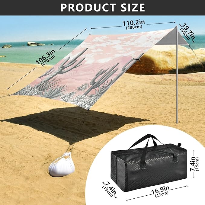 Beach Canopy with Windproof Ropes &amp Sandbags Beach Tent Sun Shade Sun Shelter for Camping Trips Fishing Backyard Fun or Picnics Desert