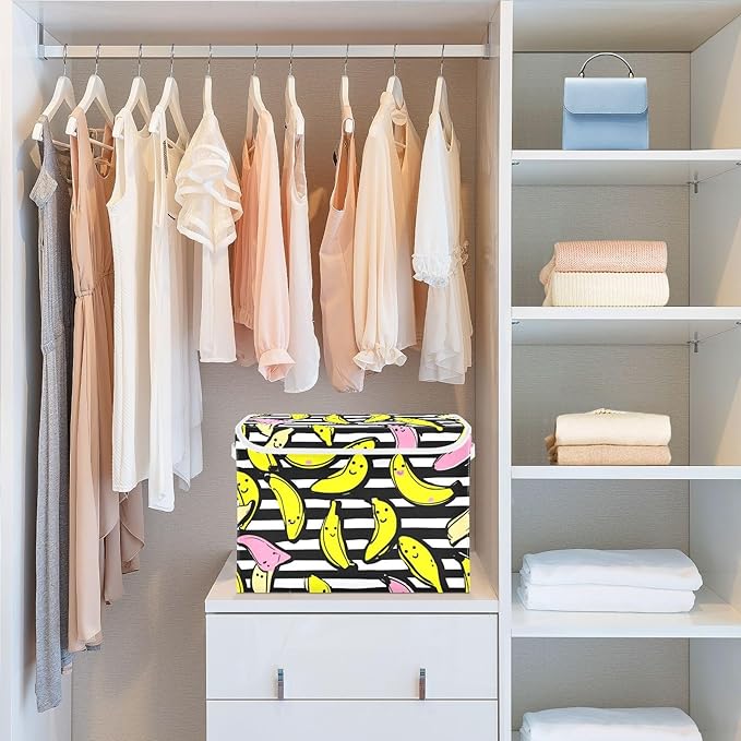 Stripes Pink Yellow Bananas Storage Box with Lid 1 PC Foldable Storage Bin with Lids Stackable Storage Bins Cube Closet Organizer Basket with Flip-Top Lid &amp Handles for Shoes Books Towels