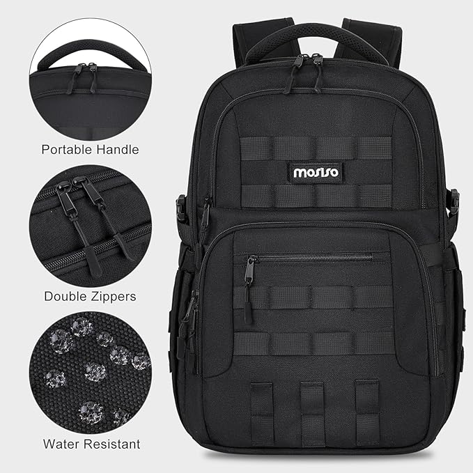 MOSISO 25L Military Tactical Backpack for Men Assault Pack 3 Days Bug Out Bag Hiking Rucksack with Bottle Holder Back Zipper Compartment for Sport Outdoor Hiking Camping Training Travel Black