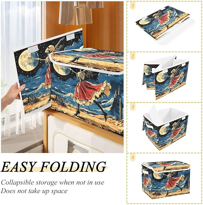 Storage Cube with Lid Dancing Skeleton Print 16.5×12.6×11.8 IN Collapsible Large Capacity Foldable Storage Basket Bin Organizer