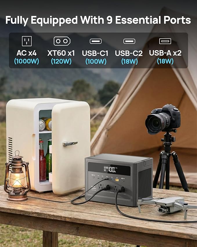 2026 Portable Power Station 1000W (Surge 2000W) 576Wh LiFePO4 Battery Solar Generator Power Bank 110V Pure Sine Wave AC Outlet with PD 100W USB-C Fast Charging for Home Use Hurricane Emergency RVs