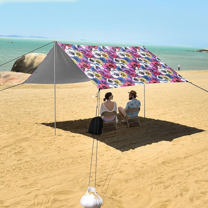 ALAZA Colorful Anemone Flower Floral Beach Tent Sun Shelter UPF50+ Protection Beach Shade Canopy w/ 4 Sandbags for Outdoor Camping Fishing Backyard Fun Picnic 10x9 ft