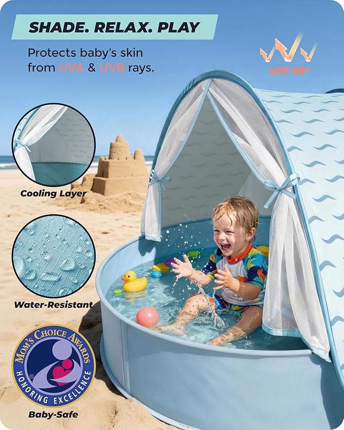 Baby Beach Tent with Pool 3-in-1 Upgrade Pop Up UPF 50+ Sun Protection Shelter with Mosquito Net Babies Toddlers Portable Outdoor Summer Essentials for Beach Backyard Indoor- Blue Wave