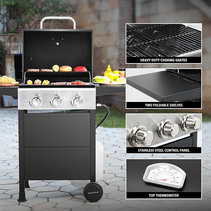 MASTER COOK 3 Burner BBQ Propane Gas Grill 472 Sq. In. Cooking Area 30000 BTU Stainless Steel Barbecue Grill with Two Foldable Shelves for Outdoor Patio Backyard