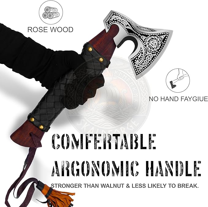 Handmade Russian Axe with Leather Sheath – Carbon Steel Blade Rosewood Handle – 13 Inch Nordic Axe Handmade Collectible - Best Wedding for Men and Women