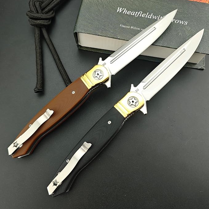 10 Large Finka-NKVD Flipper Opening Pocket KnifeFolding Knives with Clip and Liner Lock440C Blade and Brown G10 HandleEDC Tool for CampingHikingFishing (Black)