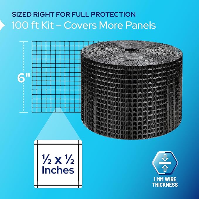 KASTLITE Solar Panel Bird Guard Mesh Kit - 6in x 100ft PVC Coated Galvanized Wire Screen 100 Stainless Clips Pliers &amp Gloves - No Drill Critter Shield Rodent Barrier Fence for Under Panels Bla