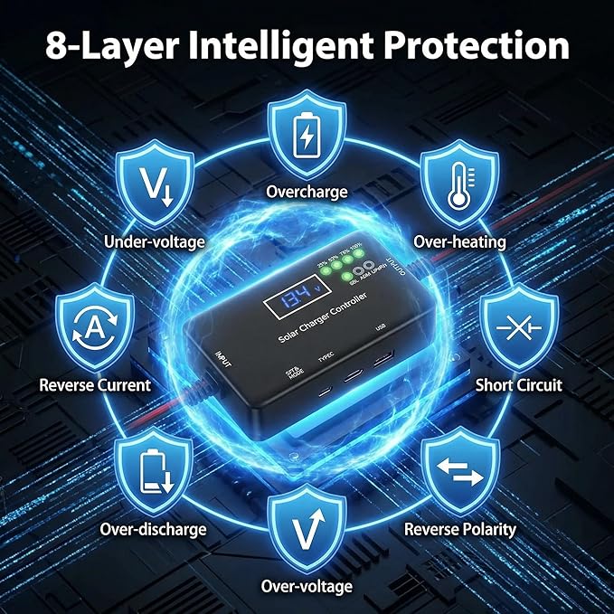 12V 20A PWM Solar Charge Controller with Type-C/USB Output Compatible with LiFePO4/AGM/Gel Batteries Zero Drain Tech Overload &amp Overheating Protection for Solar Power System