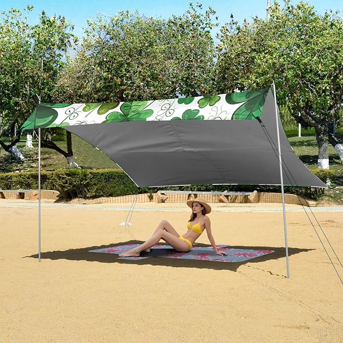 St Patrick's Day Clovers Green Beach Tent Sun Shelter Set UPF50+ UV Protection 10.5 x 9.19 FT Camping Shade Canopy with Sandbags Sand Anchors Carrying Bag and Others