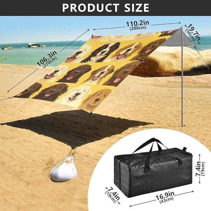 Unique Dogs Face Yellow Beach Cabana Tent UPF50+ Water-Resistant Portable Sun Shelter with Sand Shovel for Backyard and Camping