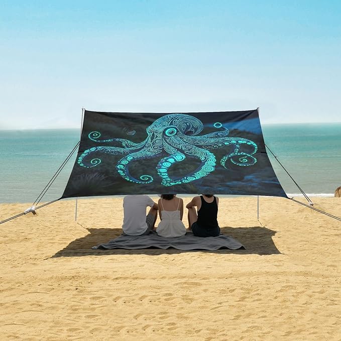 ALAZA Octopus Totem Tatto Beach Tent Sun Shelter UPF50+ Protection Beach Shade Canopy w/ 4 Sandbags for Outdoor Camping Fishing Backyard Fun Picnic 10x9 ft