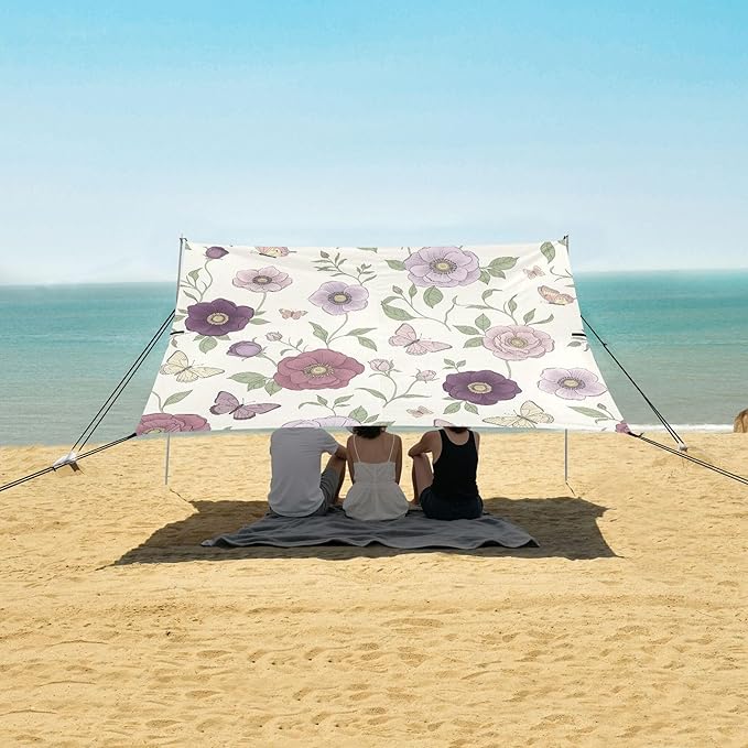 Wildflowers Beach Canopy Sun Shelter with Sandbags &amp Sand Shovel &amp Windproof Ropes - Portable 110x126 Beach Shade Beach Tent for Camping Picnics