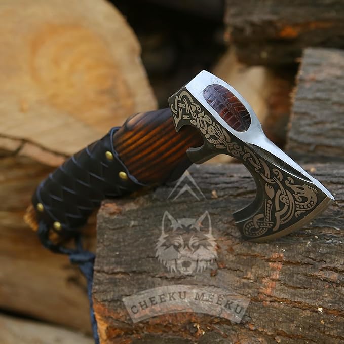 13 Custom Handmade Carbon Steel Real Viking Axe Hatchet Throwing and Camping Axe Birthday Gift for him Leather Wrapped Handle and Leather Sheath (FM 25)