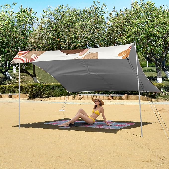 ALAZA Dogs French Bulldog Beret Beach Tent Sun Shelter UPF50+ Protection Beach Shade Canopy w/ 4 Sandbags for Outdoor Camping Fishing Backyard Fun Picnic 10x9 ft