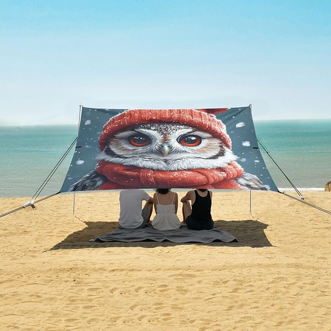 ALAZA Christmas Owl Beach Tent Sun Shelter UPF50+ Protection Beach Shade Canopy w/ 4 Sandbags for Outdoor Camping Fishing Backyard Fun Picnic 10x9 ft