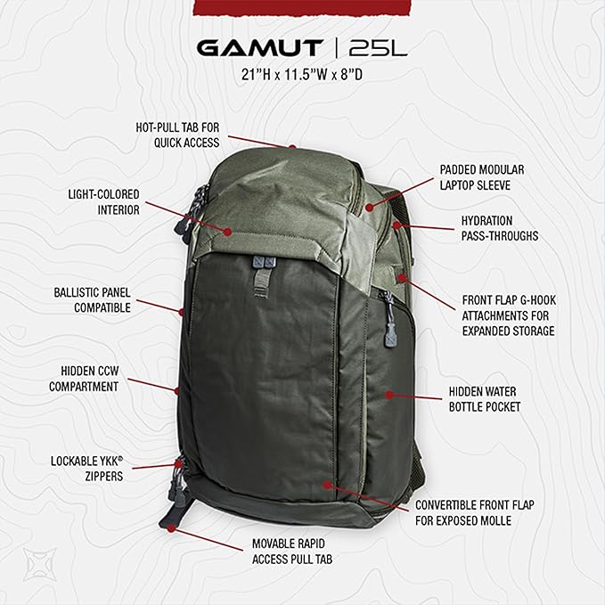 Vertx Gamut CCW Tactical Backpack - CCW Design with Laptop Sleeve Quick-Access Tab and 3D Molded Back Panel Tactical Bag Heather Od/Rudder Green - One Size