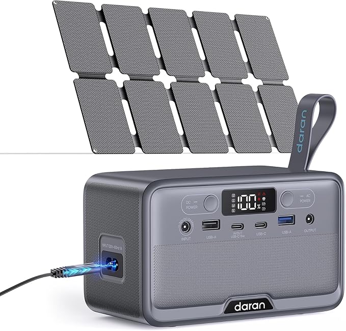 DARAN Portable Power Station 100W with 25W Solar Panel LiFePO4 Battery Power Bank with110V AC Outlets Solar Generator Fast Charging for Hurricane EmergencyOutdoor UseOff-Grid traveling