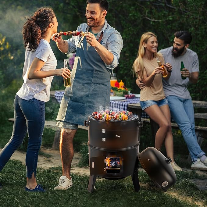 Vertical Charcoal BBQ Smoker 3-in-1 16 Round Charcoal Barbecue Grill with 2 Cooking Area and Thermometer for Outdoor Camping Picnic Backyard Cooking