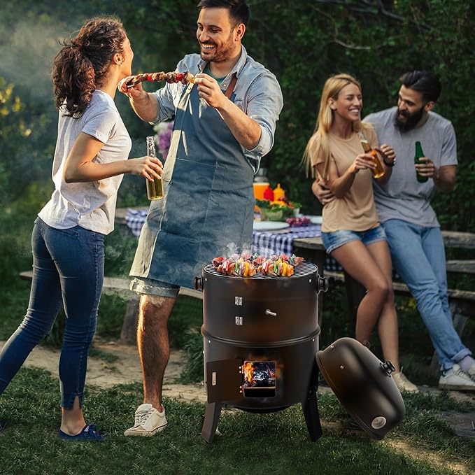 31.5 Vertical Steel Charcoal Smoker GrillHeavy Duty BBQ GrillsOutdoor Camping Backyard Barbecue GrillMetal Barbecue Smokerswith Thermometerfor Patio Garden Beach Porch Lawn Yard (Black)