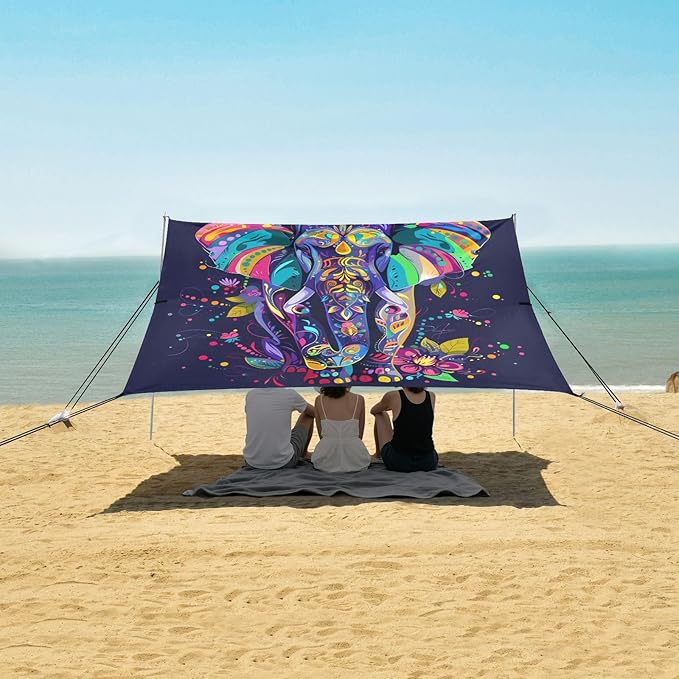 ALAZA Rainbow Elephant Flower Boho Beach Tent Sun Shelter UPF50+ Protection Beach Shade Canopy w/ 4 Sandbags for Outdoor Camping Fishing Backyard Fun Picnic 10x9 ft