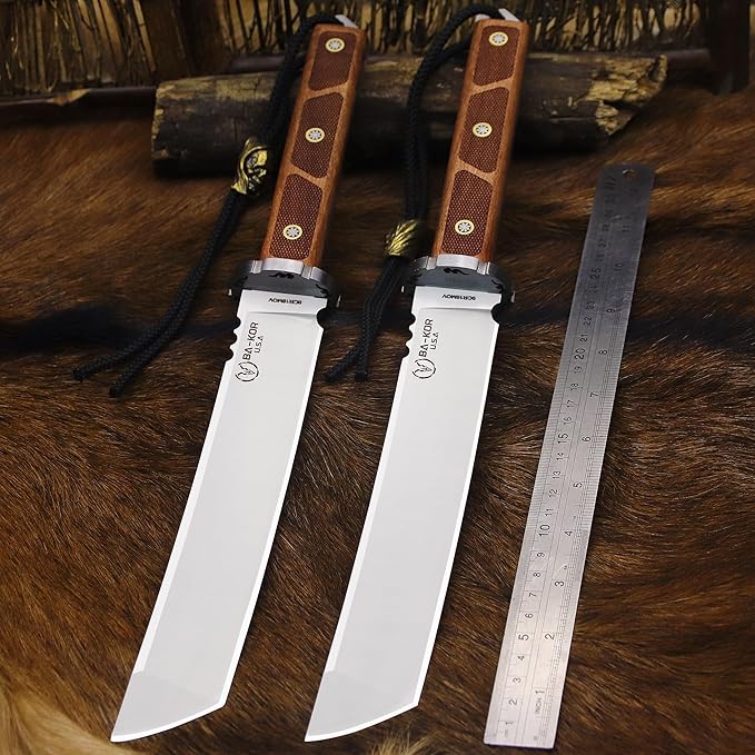 BA-KOR 7mm 9CR18MOV steel (15.6IN) sandalwood handle full Tang fixed knife+scabbard+(single shoulder strap)&amp(5.9IN) cerium igniter suitable for outdoor hunting camping survival EDC tool knife