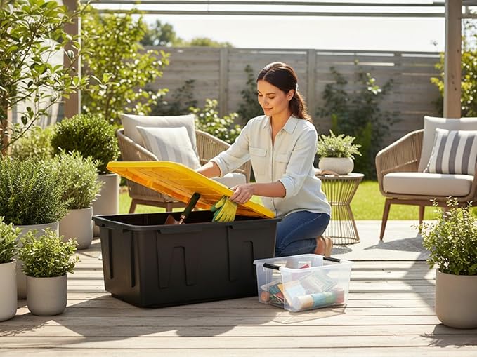Heavy-Duty Storage Tote with Lid Black and Yellow 27 Gallon 30.6 W x 20.6 D x 14.3 H (4 PACK)