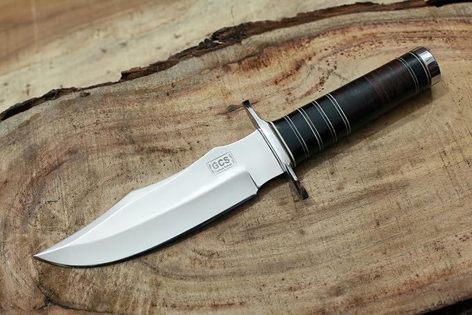 GCS Custom Handmade Stacked Leather Handle Bowie Survival Tactical Gear Hunting Knife D2 Tool Steel Buffalo Hide Sheath GCS145