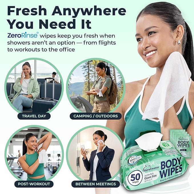 Body Wipes for Women Extra Moist No Rinse Bathing Sheets 4pk 200 XL Shower Cloths + 16 Deodorizing Bath Wipes -10 x 11.5 Travel Size EssentialsToiletries for Womens Hygiene &amp Post Workout Clea