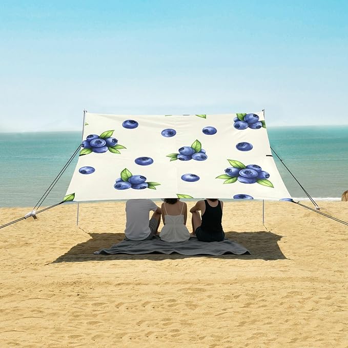 xigua Blue Berry Beach Tent Sun Shelter with Carrying Bag - Silver Coated Oxford Fabric Beach Canopy for Beach Camping Fishing - Includes Windproof Ropes Sandbags &amp Stakes