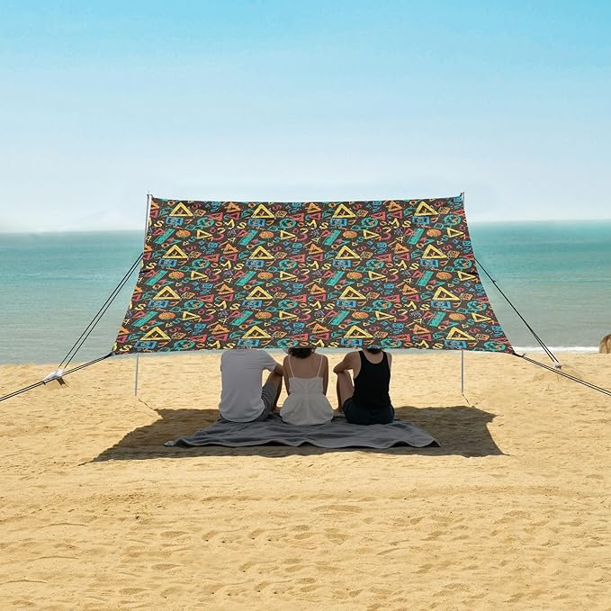 ALAZA Colorful Math Symbols Beach Tent Sun Shelter UPF50+ Protection Beach Shade Canopy w/ 4 Sandbags for Outdoor Camping Fishing Backyard Fun Picnic 10x9 ft