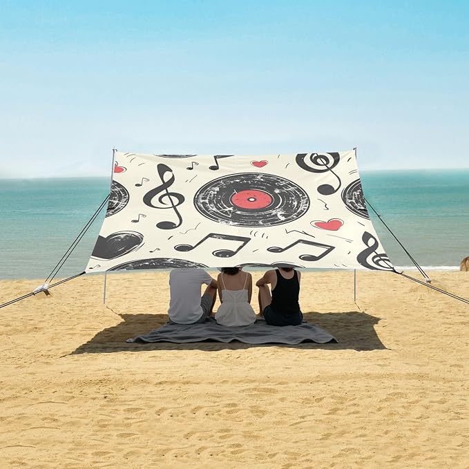 ALAZA Vintage Vinyl Record Music Notes and Hearts Beach Tent Sun Shelter Portable Canopy Sunshade for Outdoor Camping Picnics Backyard Fun 10x9 ft