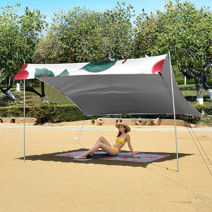 ALAZA Red Cherry Leaves Pattern Beach Tent Sun Shelter Portable Canopy Sunshade for Outdoor Camping Picnics Backyard Fun 10x9 ft