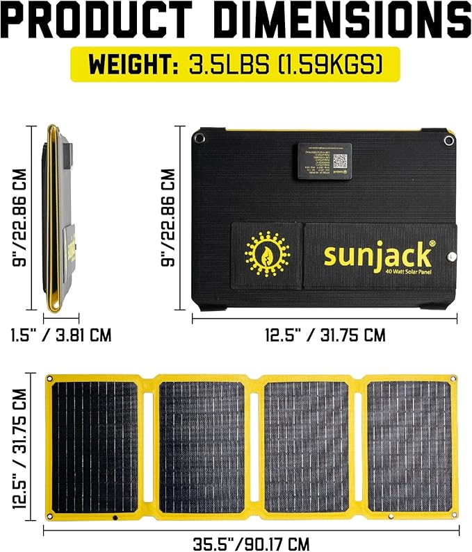 SunJack – 40 Watt Foldable Solar Panel ETFE Waterproof Portable Solar Panel with Kickstands USB-C PD30W USB-A QC3.0 DC Output Solar Panels for Camping Hiking Emergency Power