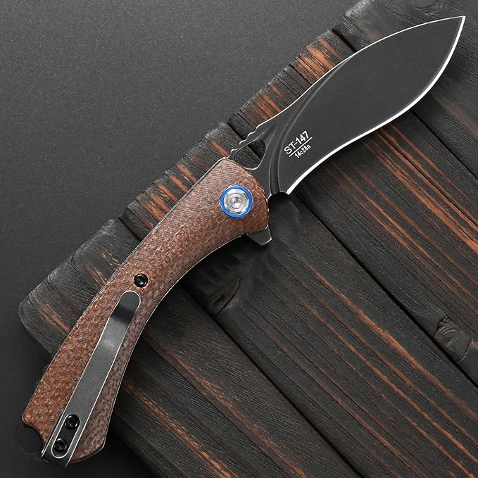 Sitivien ST147 Folding Pocket KnifeBlack Stonewashed 14C28N Steel Blade with Micarta Handle Utility Knife EDC Tool Knife for Outdoor CampingHikingHunting(Brown)