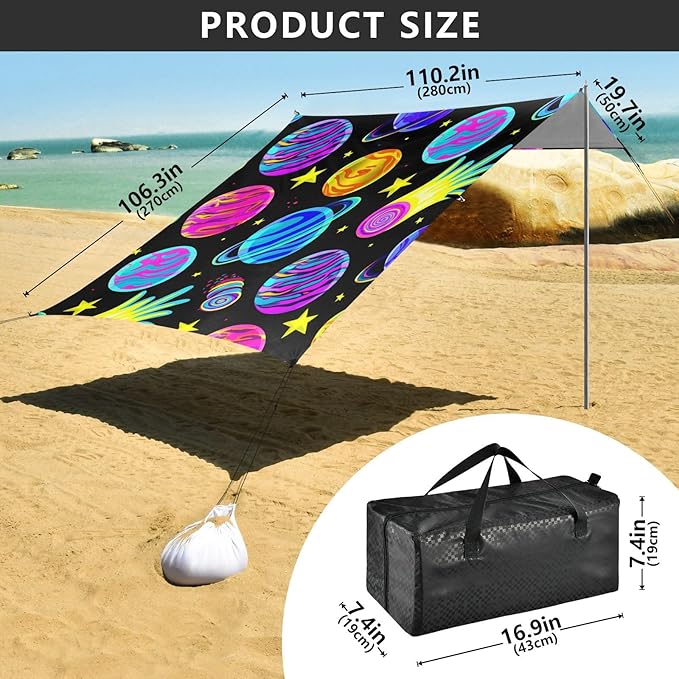 Beach Canopy with Windproof Ropes &amp Sandbags Beach Tent Sun Shade Sun Shelter for Camping Trips Fishing Backyard Fun or Picnics Planet