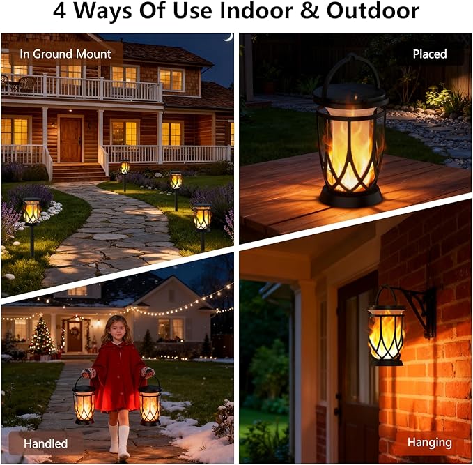 Solar Lanterns Outdoor Waterproof 2 Pack Flickering Solar Flame Lights Upgraded Hanging Flame Lantern Pathway Torch Light Table Lamp Auto On/ Off Porch Yard Gifts(2 Lighting Modes)