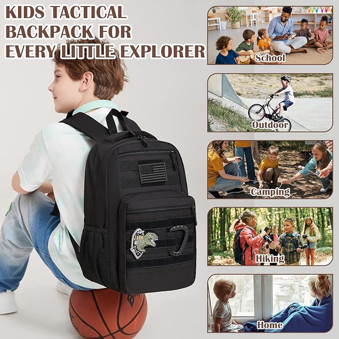 Kids Tactical Backpack Army Molle Bookbag Military Boys Backpack for School Outdoor Camping Black+Black