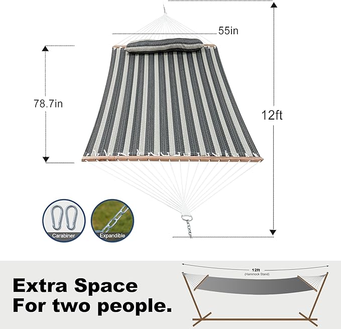 GAFETE Hammock 2 Person Quilted Fabric Hammocks for Outside Double 12ft Hammocks with Spreader Bar Large Removable Pillow Storage Bag Carabiners Max 475 lbs Capacity (Mountain Mist Gray)